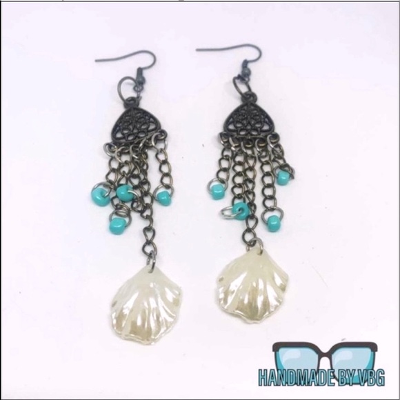 New Handmade Antique S925 Silver Turquoise Shell Bronze Dangle Earrings - Picture 13 of 14